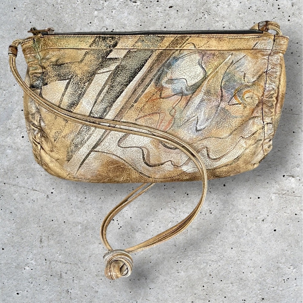 Jane Yoo Wearable Art Hand Painted Leather Shoulder Bag Crossbody‎ Boho Ruched